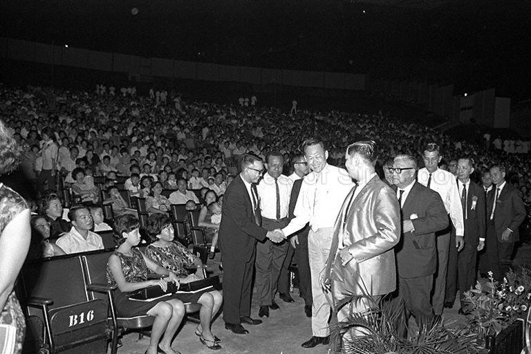 Prime Minister Lee Kuan Yew attending Singapore Chin Woo Athletic Association 45th anniversary variety show at National Theatre.