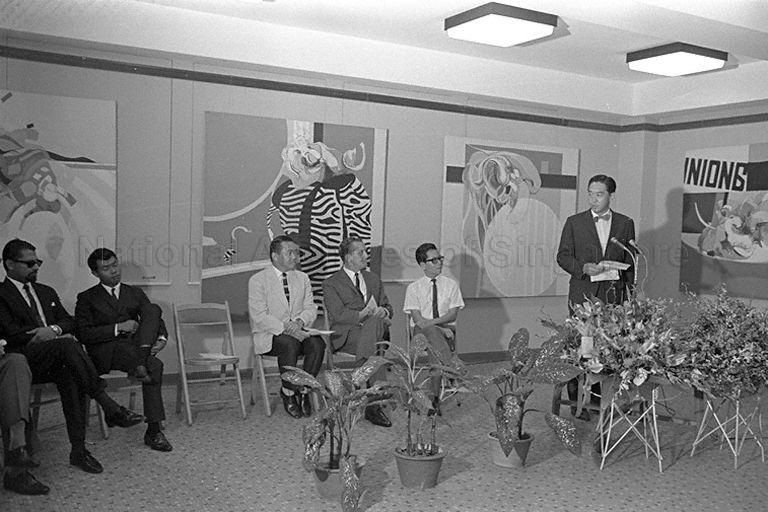 Member of Parliament for Joo Chiat Professor Yeoh Ghim Seng speaking at opening of exhibition of paintings by Inche Ibrahim Hussein, who just returned from England, at Chinese Chamber of Commerce