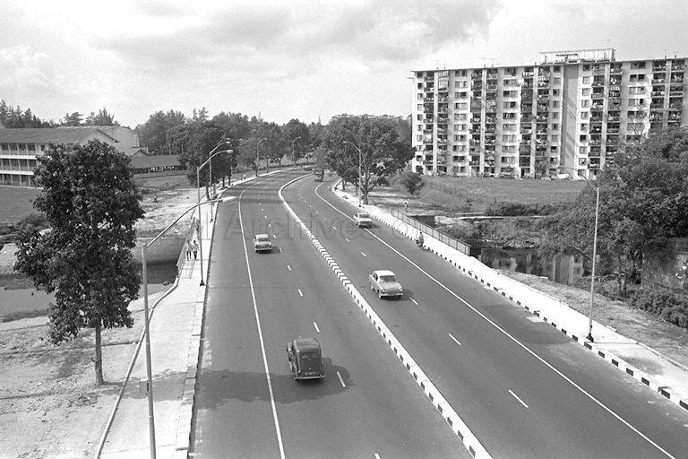 View of Mountbatten Road looking towards Katong. On the left is Tun Seri Lanang Secondary School, while flats on the right are of the Tanjong Rhu housing estate. Geylang River is in the middleground.