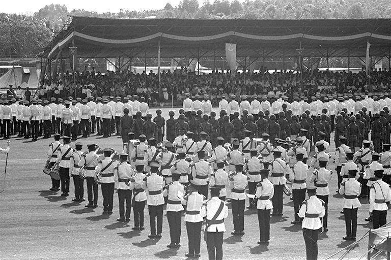 Commissioning parade of the first batch of 117 officer cadets, who have completed a 12-month intensive training at Singapore Armed Forces Training Institute (SAFTI), at Pasir Laba Camp, Jurong. The parade was reviewed by Minister of the Interior and Defence Dr Goh Keng Swee.
