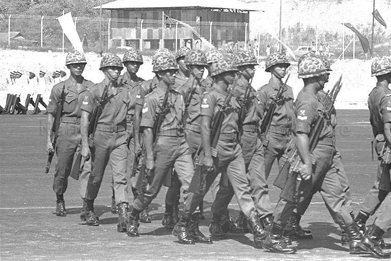 Mach-past of first batch of 117 officer cadets, who have completed a 12-month intensive training at Singapore Armed Forces Training Institute (SAFTI), at commissioning parade held at Pasir Laba Camp, Jurong. The parade was reviewed by Minister of the Interior and Defence Dr Goh Keng Swee.