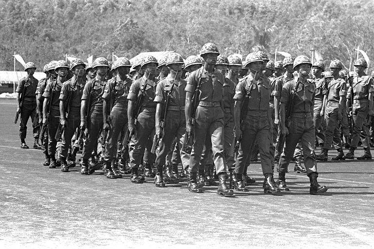 Mach-past of first batch of 117 officer cadets, who have completed a 12-month intensive training at Singapore Armed Forces Training Institute (SAFTI), at commissioning parade held at Pasir Laba Camp, Jurong. The parade was reviewed by Minister of the Interior and Defence Dr Goh Keng Swee.