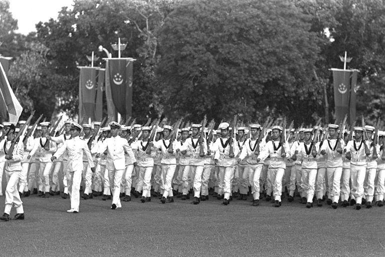 National Day Parade 1967 at the Padang - Contingent of Singapore Naval Volunteer Force (SNVF) marching on to the field