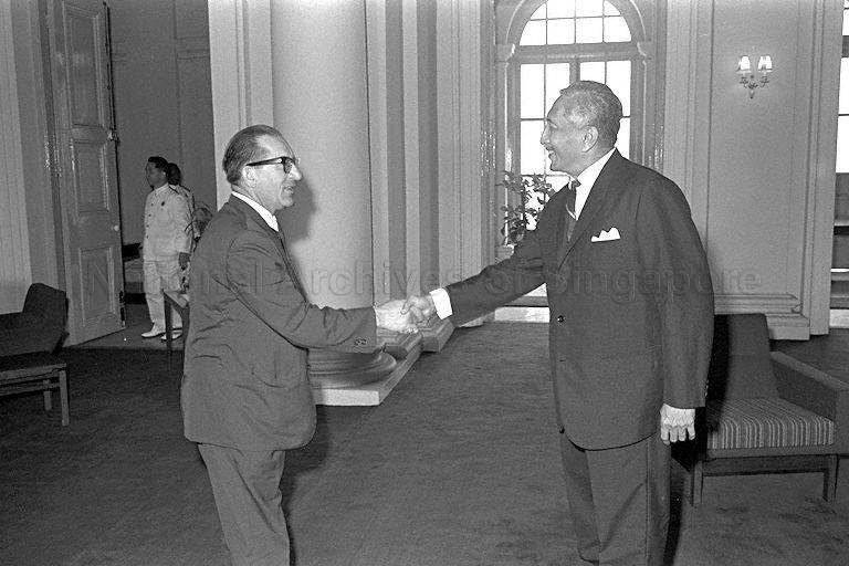 Maltese Labour Party leader Dom Mintoff shaking hands with President Yusof Ishak at the Istana.