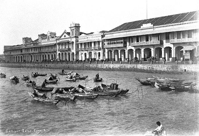 Collyer Quay, Singapore. Named after George Chancellor Collyer, then chief engineer of the Straits Settlements, Collyer Quay was built by convict labour through land reclamation and completed in 1864. It served as an important landing point for the unloading and storage of goods transported along the Singapore River.