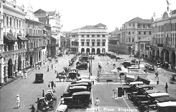 View of Raffles Place with Mercantile Bank of India building at the end of the street, Singapore