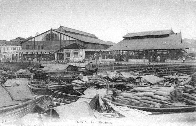 Ellenborough Market in Ellenborough Street, by the Singapore River, near New Bridge Road. It was known as the "New Market" as it had been rebuilt in 1891-1894 on the site of an earlier market. As the area was populated by the Teochews, it was nicknamed "Teochew Market". In 1968, it was destroyed in a fire and the building was demolished some time later.