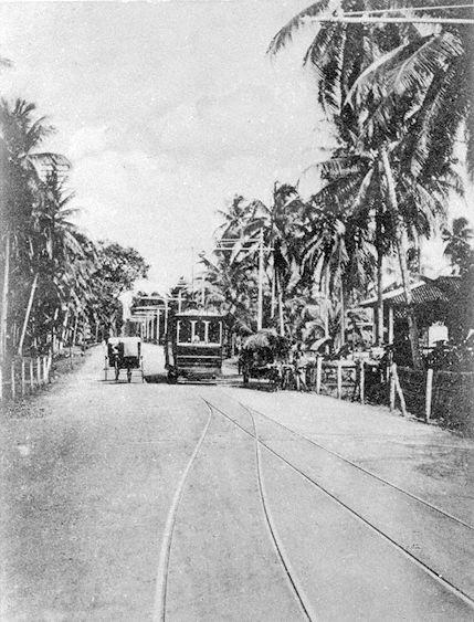 Electric Tramways' terminus at "Gaylang" (Geylang). Electric trams were introduced in 1905 and ran until they were phased out by trolley buses between 1925 and 1927.