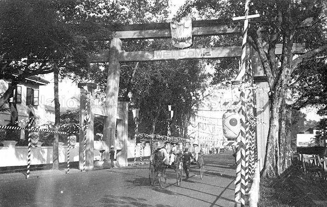View of arch in the form of a Shinto gate erected by the Japanese community for the two-day visit by His Royal Highness the Prince of Wales to Singapore