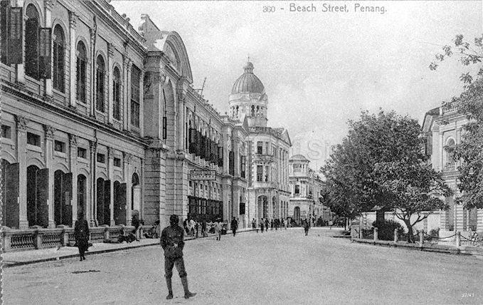 View of Beach Street with Hongkong and Shanghai Bank (with dome) visible, Penang