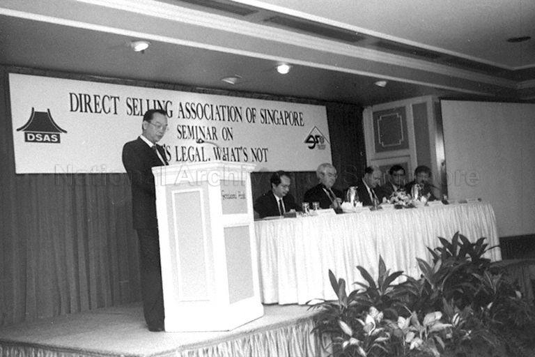 Chairman of Direct Selling Association of Singapore (DSAS) Thomas Heng speaking at seminar on "Direct Selling - What's Legal, What's Not" at Tudor Ballroom, Goodwood Park Hotel
