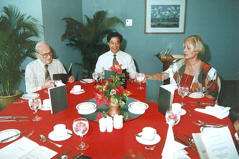 Dutch economist and Singapore's Chief Economic Advisor (1961 - 1983) Dr Albert Winsemius and his daughter Mrs Ankie Averink at a reception with Chairman of Sentosa Development Corporation Alan Choe Fook Cheong when they visited the resort island