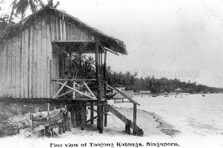 View of beach hut at Tanjong Katong, east coast of Singapore. In the background are outhouses built on piles over the water, a common feature of seaside houses. Outhouses varied from simple open pavilions to fully furnished chalets used for picnics and parties. Many of these were demolished during World War II and remaining ones all but disappeared when coastal land was reclaimed in the 1970s.