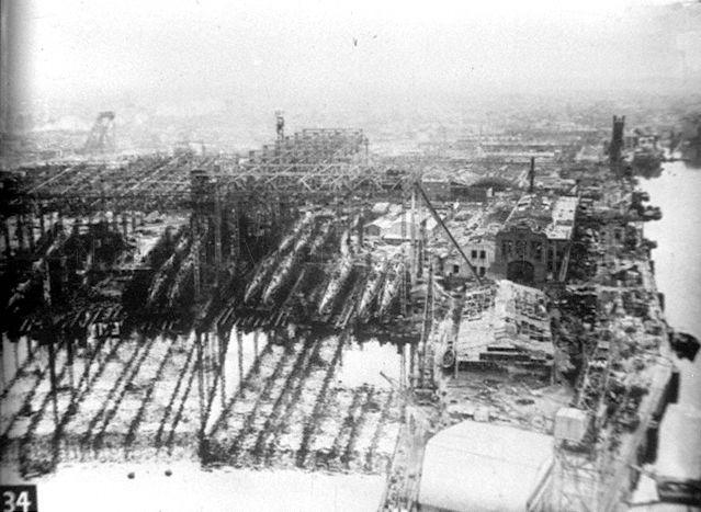 Aerial view of bombed city area in Stalingrad during World War II