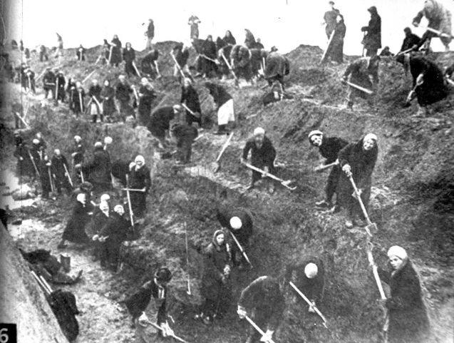 Moscow women digging a trench in defence of the German invasion of the Union of Soviet Socialist Republics (USSR) during World War II