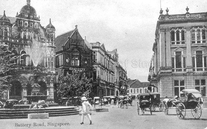 Picture of the Battery Road. Also present are the Hong kong and Shanghai Bank building (far left), Medical Hall (second from left), Standard Chartered Bank building (far right) and the Tan Kim Seng fountain (bottom left).