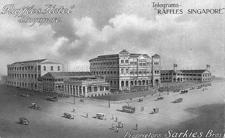 Raffles Hotel at 1 Beach Road, Singapore. The colonial-style hotel was established in 1887 by the Armenian Sarkies brothers.