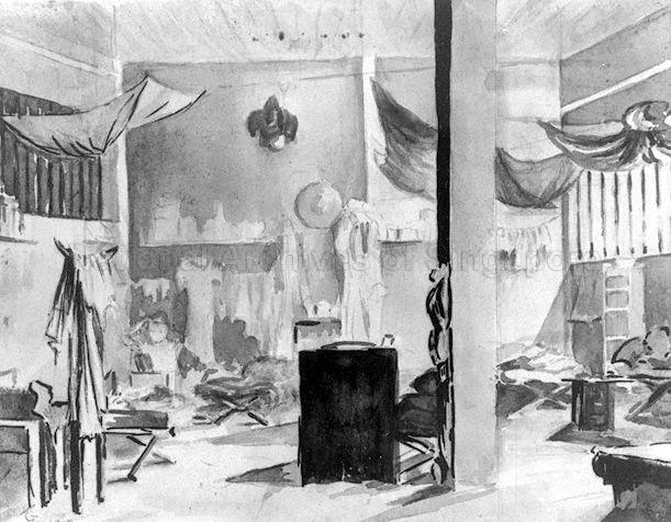 Painting by Lilian Gladys Tompkins, civilian internee at Changi Prison, Singapore -- interior view of crypt