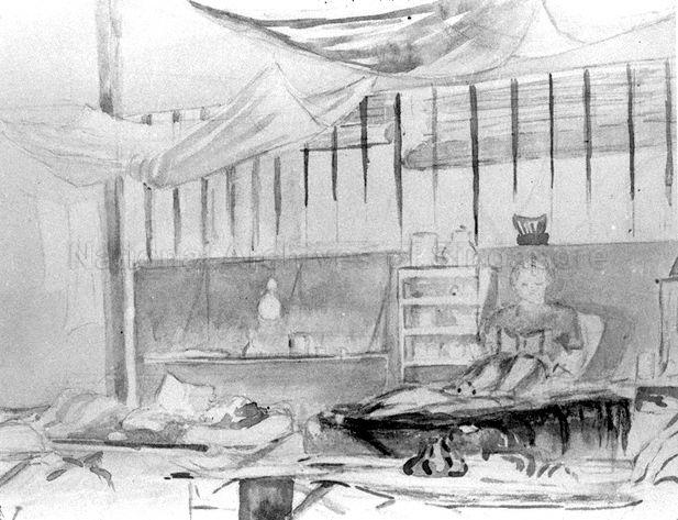 Painting by Lilian Gladys Tompkins, civilian internee at Changi Prison, Singapore -- interior view of crypt