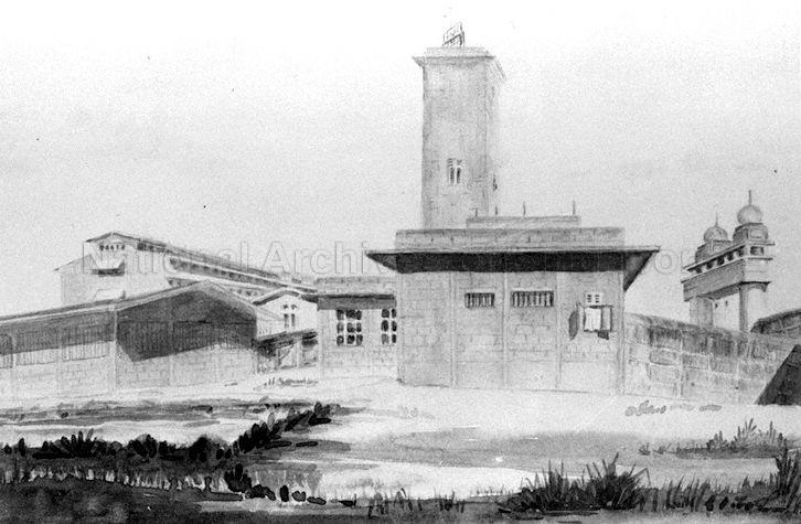 Painting by Lilian Gladys Tompkins, civilian internee at Changi Prison, Singapore -- entrance to the prison