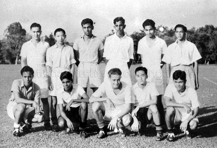 Group photograph of Raffles College freshmen's football team. One of the members was E W Barker (front row, third from right), former Minister for Law.