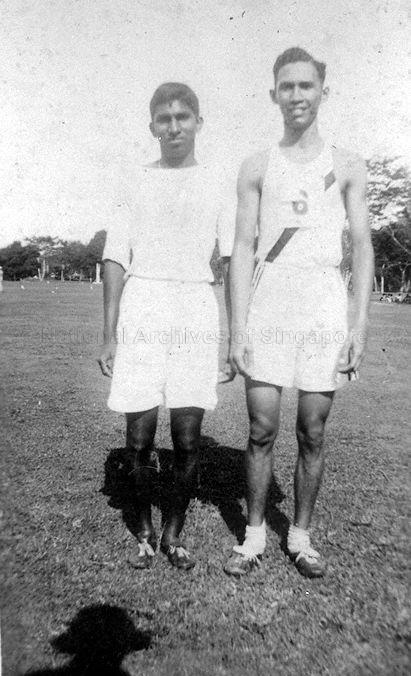 Winner of 100 yards sprint Sebastian de Sa (left) and winner of 220 yards sprint Gerard Clarke during Raffles College Athletic meet.