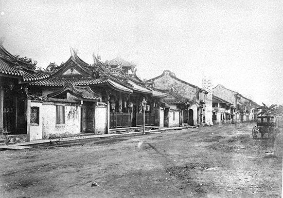 Thian Hock Keng Temple, which means â€œTemple of Heavenly Happinessâ€, at Telok Ayer Street. The temple was dedicated to Ma Zu, the goddess of the sea. Built between 1839 to 1842 with funding from the Hokkien community and support of wealthy patrons, it is Singapore's oldest Chinese temple and was gazetted as a national monument on 28 June 1973. The white building, with the two spires, at the right of the temple, is the Nagore Dargah memorial, originally the Shahul Hamid Dargah. The white building with the two spires, at the right of the temple, was originally known as the Shahul Hamid Dargah. It came to be popularly known as the Nagore Dargah memorial, as the Muslim saint Shahul Hamid is interred in Nagore, India.