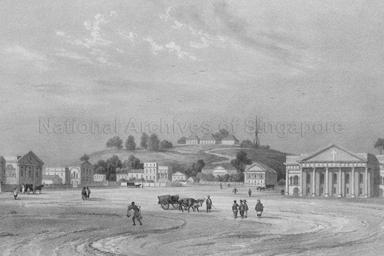 View from the seafront of the Padang with St Andrew's Church (right) and Government Hill (now Fort Canning Hill) visible