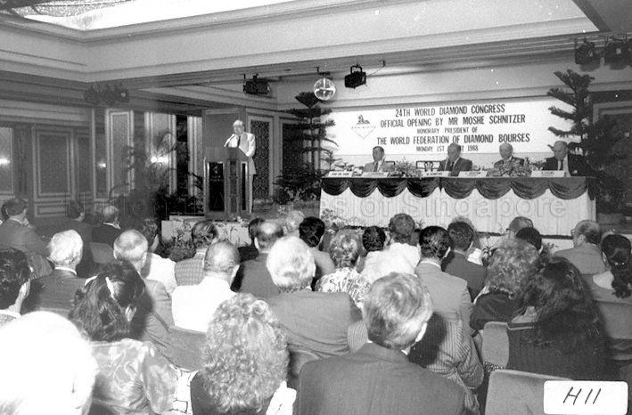 President of Israel Diamond Exchange Moshe Schnitzer addressing guests at 24th World Diamond Congress, a meeting of World Federation of Diamond Bourses and International Diamond Manufacturers Association held in Asia for the first time at Marina Mandarin, Singapore