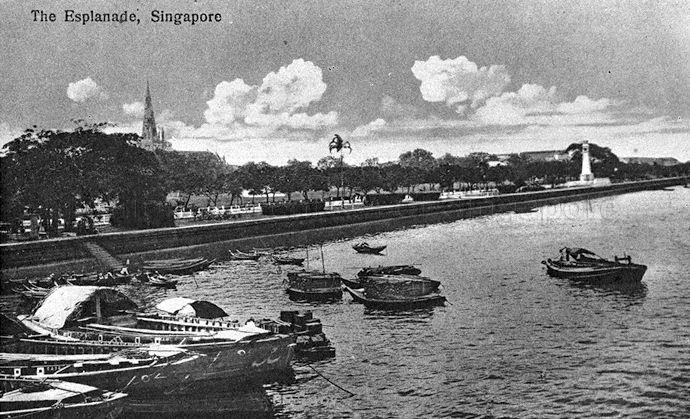 View of Esplanade from the sea, Singapore. The spire of St Andrew's Cathedral can be seen on the left.