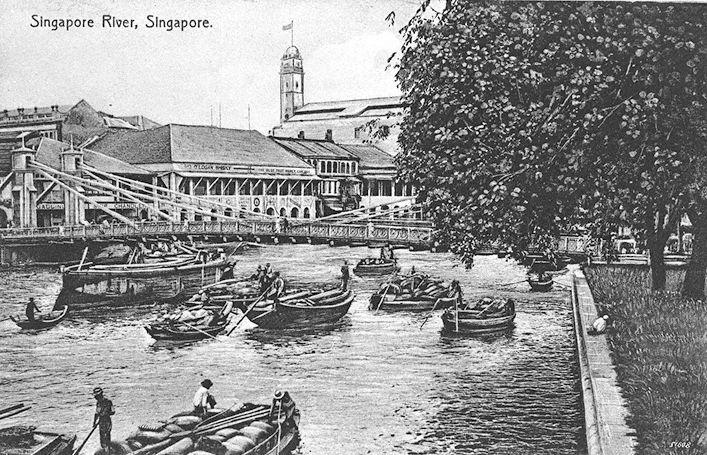 View of Singapore River. In the centre is Guthrie and Company's head office building with its tower.