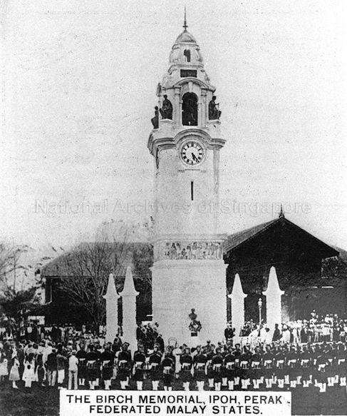Unveiling of the Birch Memorial Clock Tower in Ipoh, Perak by High Commissioner of the Federated Malay States Sir John Anderson. The tower was erected in memory of J. W. W. Birch, the first British Resident in Perak, who was assassinated in Pasir Salak on 2 November 1875.