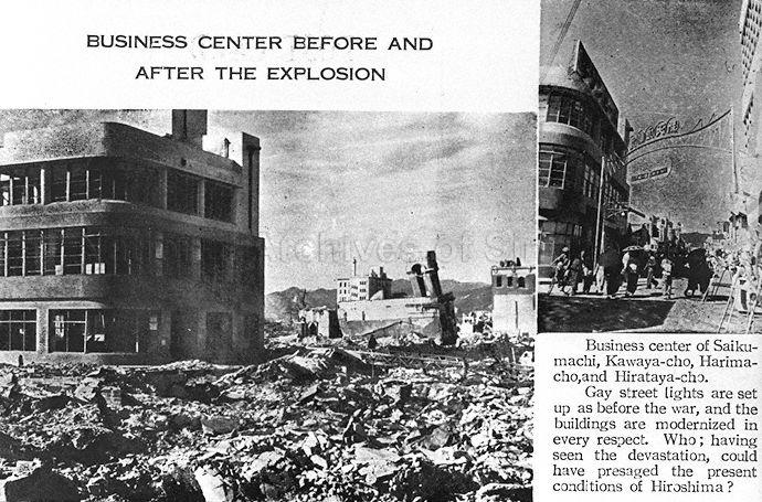 View of business centre at Hiroshima, Japan, before and after re-construction. The place was damaged by atomic bomb attack during World War II.