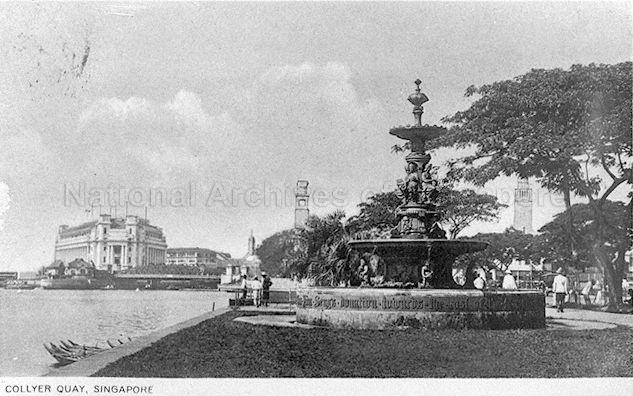 Tan Kim Seng Fountain was moved from its original location at Fullerton Square to Esplanade Park, Connaught Drive when the Fullerton Building (far left) was constructed