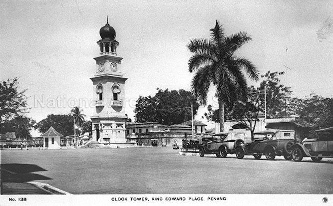 Jubilee Clock Tower and King Edward Place near the junction of Light Street and Beach Street, Penang. This Moorish styled clock tower was built in commemoration of Queen Victoria's 1897 Diamond Jubilee.