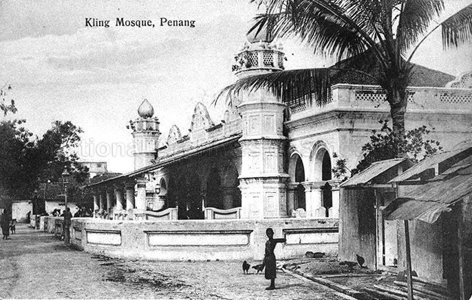 Kapitan Kling (Keling) Mosque at Pitt Street, Penang. Built in 1801 as a rectangular building with a minaret at each corner, extensions were added in the 19th century. It was then further extended to its present state in 1910.