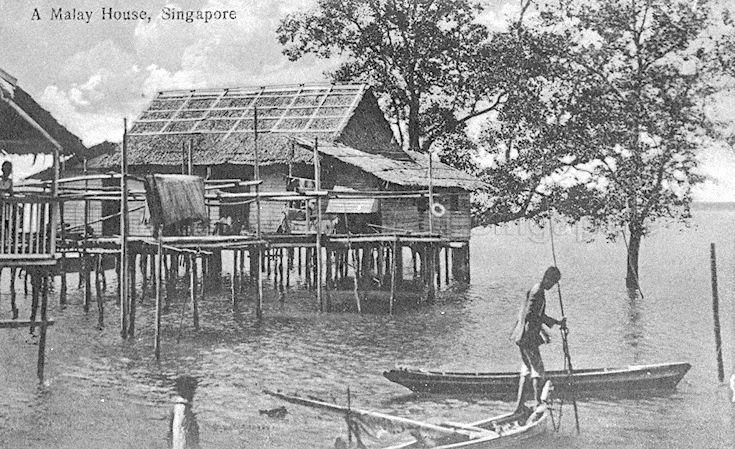 Malay house and boat, Singapore. Boat known as 'kolek Johor' was extensively used for net, trap and handline fishing as well as for ferrying passengers among the islands to the south of Singapore and between villages on the shores of the Johor Straits.