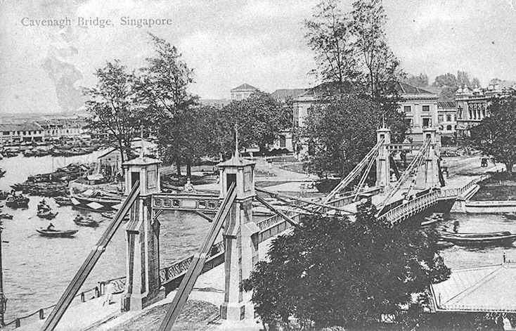 Cavenagh Bridge, built to link Commercial Square (Raffles Place) to government offices in Empress Place (background, right)