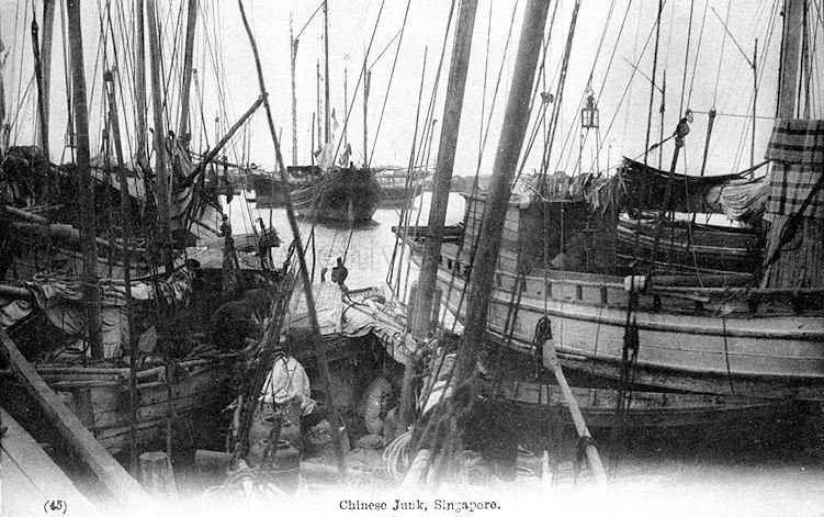 Chinese junks at mouth of Singapore River