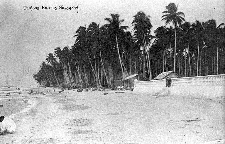 Postcard featuring beach along Tanjong Katong, on east coast of Singapore, with coconut grove and attap huts. The concrete wall (right) most probably belonged to a seaside bungalow, one of many such buildings found here. The Foreshores Act required seaside houses be built at least 50 feet (or 15 metres) from shoreline. Where seawalls were needed, steps were constructed leading down to the beach from the garden, like the ones seen here.