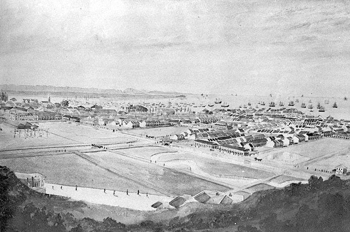 A view of Chinatown from Pearl's Hill in 1847 by J.T. Thomson. &nbsp;The open space in the foreground will be the future People's Park, Majestic Theater and the Great Southern Hotel building landmarks.