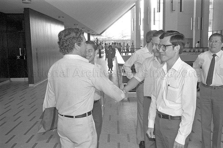 Acting Labour Minister Lee Yock Suan (right, foreground) attending the opening of the Singapore Manual and Mercantile Worker's Union Triennial Delegates Conference at Singapore Conference Hall.