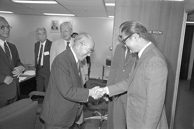Keidanren (Japan Federation of Economic Organizations) Chairman Yoshihiro Inayama (left) shaking hands with Finance Minister Dr Tony Tan (right) at the Central Provident Fund Building.