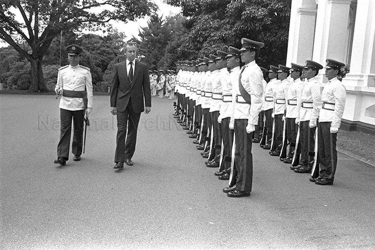 Swedish ambassador-designate Arnold Willen inspecting the guard of honour before the presentation of credentials to President Devan Nair at the Istana