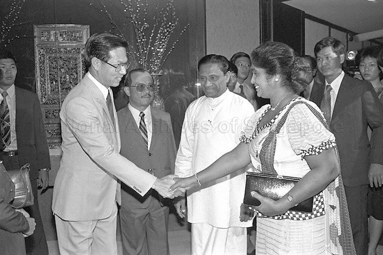 Sri Lankan Prime Minister Ranasinghe Premadasa's wife Madam Hema Wickramatunge (far right) shaking hands with Second Deputy Prime Minister Ong Teng Cheong (left) at the Dynasty Hotel. Also present is Prime Minister Ranasinghe Premadasa (centre).