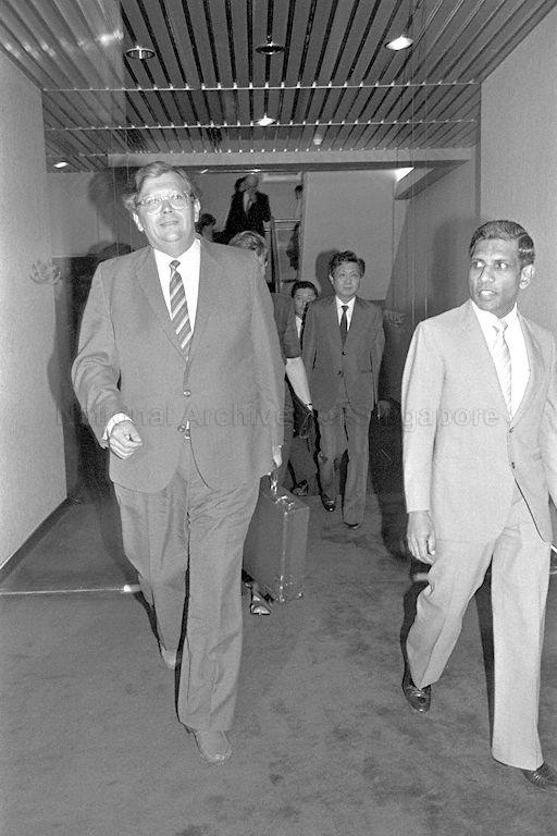 New Zealand Prime Minister David Lange (left) and Foreign Affairs Minister S Dhanabalan (right) are in Singapore.
