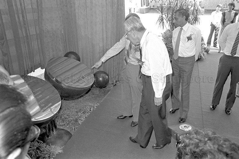Petrochemical Corporation of Singapore Joseph Yuvaraj Pillay (second from right) attending the opening of the Singapore Petrochemical Complex at Pulau Ayer Merbau.