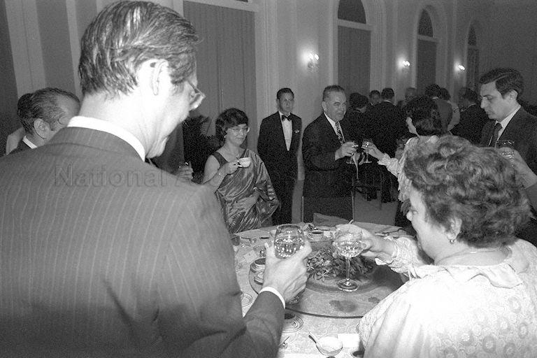 Romanian Prime Minister Constantin Dascalescu (background, centre) and Prime Minister Dascalescu's wife Mrs Elena Dascalescu (foreground, right) attending a dinner hosted by first Deputy Prime Minister Goh Chok Tong (foreground, left) at the Istana.