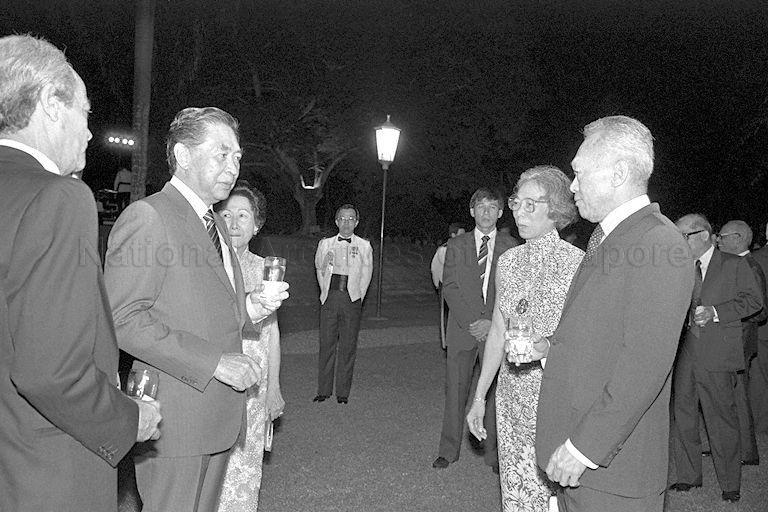 Acting President and Speaker of Parliament Dr Yeoh Ghim Seng and his wife with Prime Minister Lee Kuan Yew (right), Mrs Lee and Minister for Law E W Barker at National Day reception held at Istana