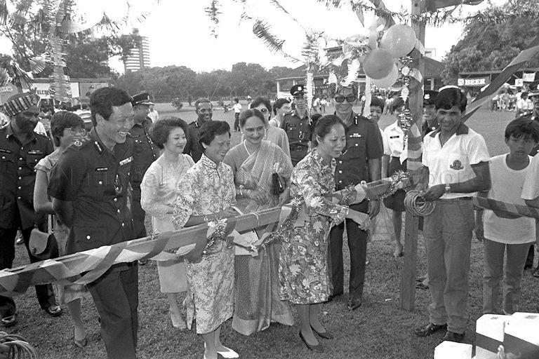 First Lady Madam Koh Sok Hiong (first row, second from left) attending the Police Carnival and Display 1985 event at the Police Academy at Thomson Road.